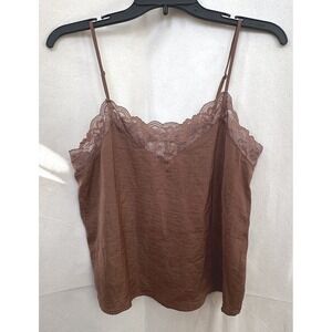 Y2K 90s Pink Rose Lace Trim Cami Top Choco Brown Satin Women's‎ Size M Layering